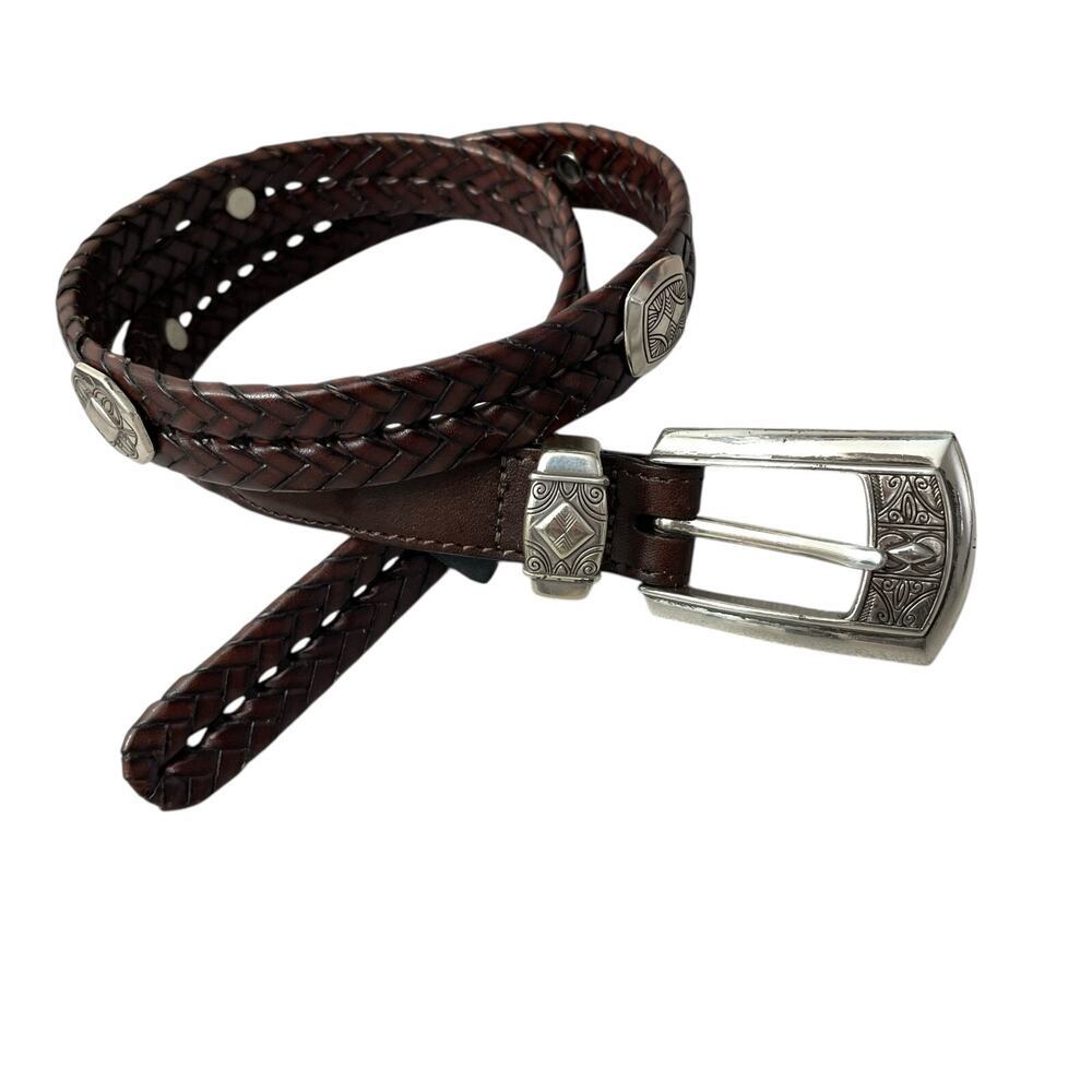 Brighton Brown Woven Leather Belt Medium Womens Silver Buckle Medallion 1in EUC